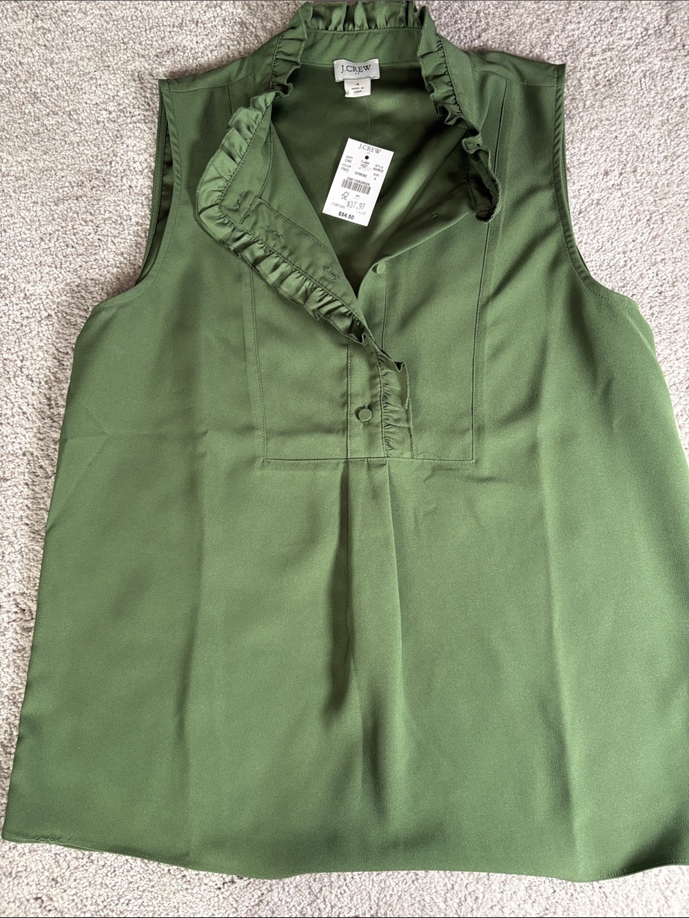 J. Crew Olive Ruffle V-Neck Sleeveless Blouse